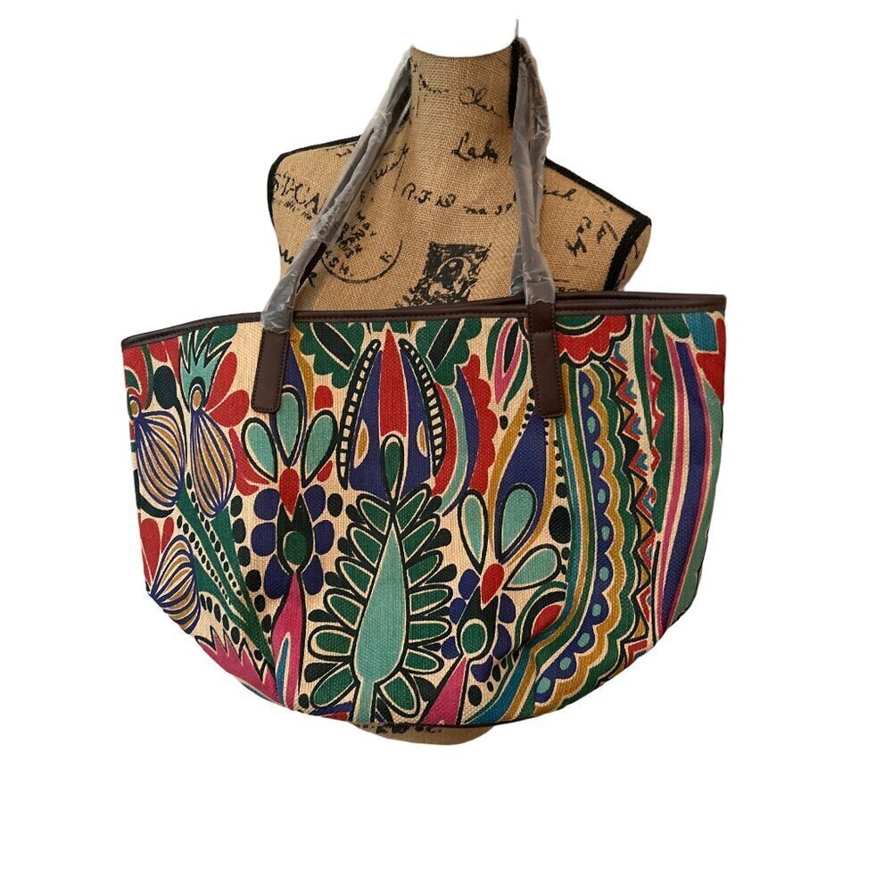 Shopping Beach Bag  Neiman Marcus Boho Hippie Canvas Straw Tote Lined Bag Purse
